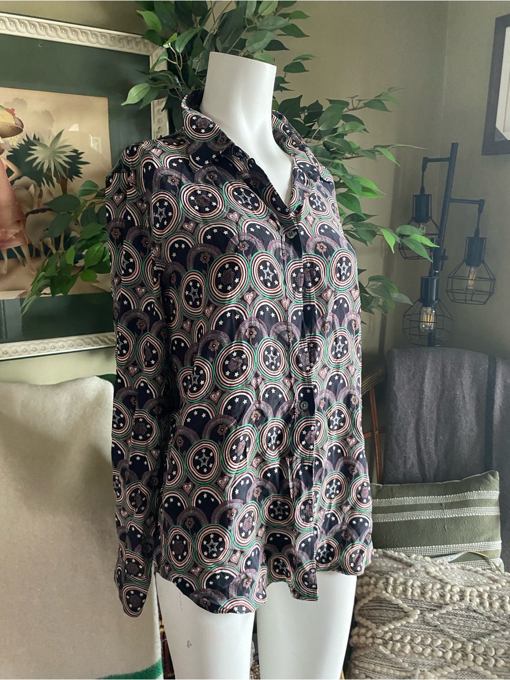 Equipment Silk Printed Long-Sleeve Button-Up Top